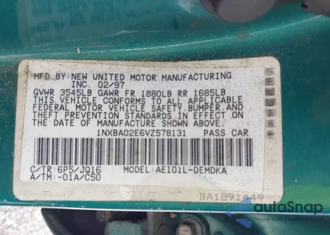 1997 Toyota Corolla Ce z USA, uszkodzony, nr VIN 1NXBA02E6VZ578131